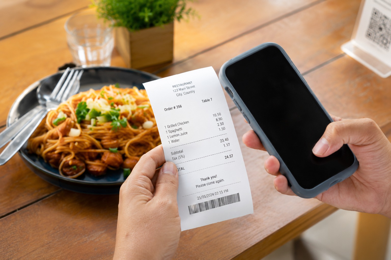 Thermal receipt in restaurant setting